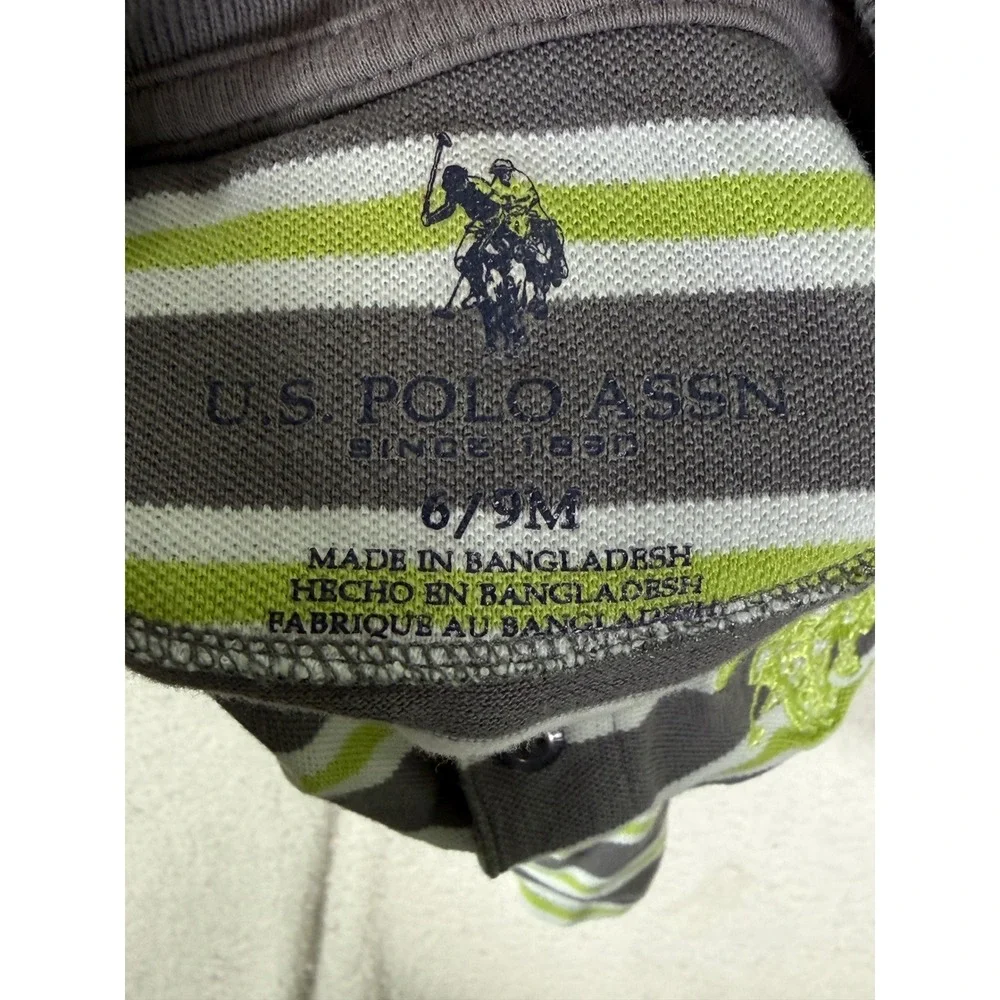 US Polo Assn Baby Boys Striped Polo Romper Grey Lime Green 6/9M